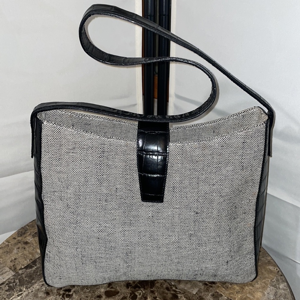Gray Canvas Faux Croc Trim Shoulder Bag • Minimalist Soft Academia Neutral Tote